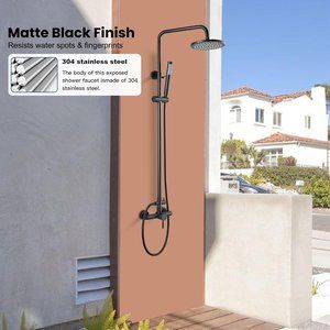 Outdoor Shower Fixture Set Matte Black SUS 304 Stainless Steel 8 Inch Rainfall
